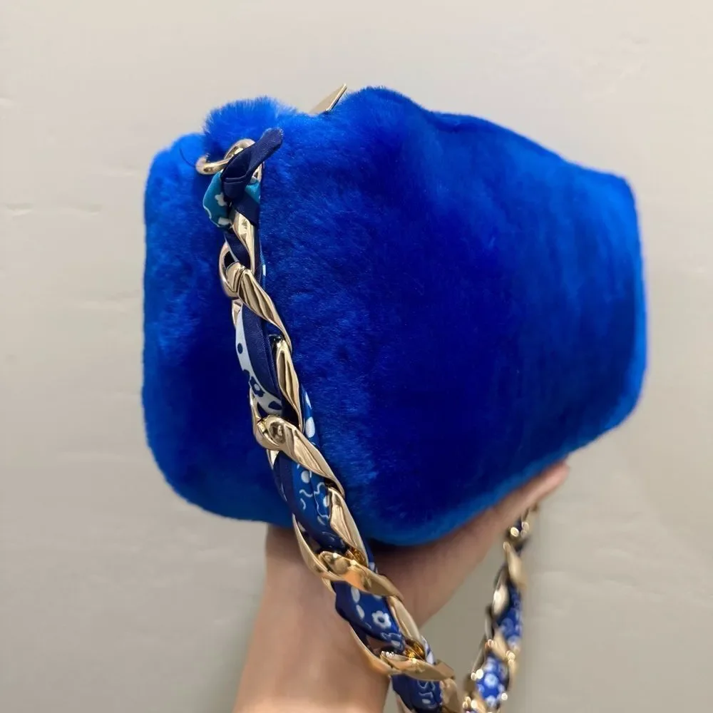 Premium Shearling Leather Double Zip Pillow Bag, Lamb Fur Shoulder Bag/Crossbody